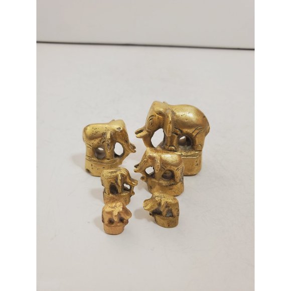 vintage Solid Brass Elephants with Trunk Up heavy family set of six - Picture 8 of 10